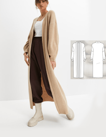 patrón cárdigan largo de punto con manga para mujer. En PDF para coser
